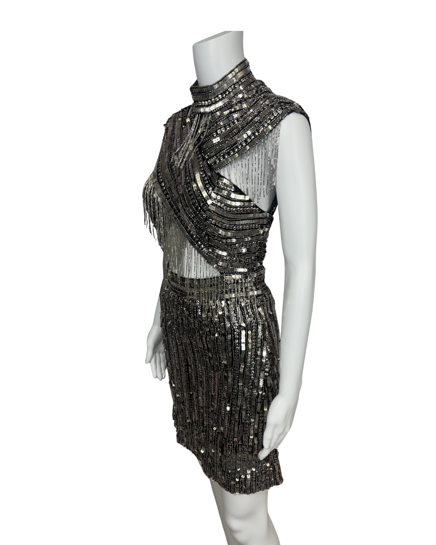 Silver Sequin Embellished Tassel Dress