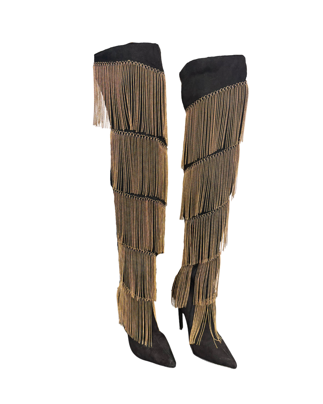 Gold Fringe Black Thigh Boots