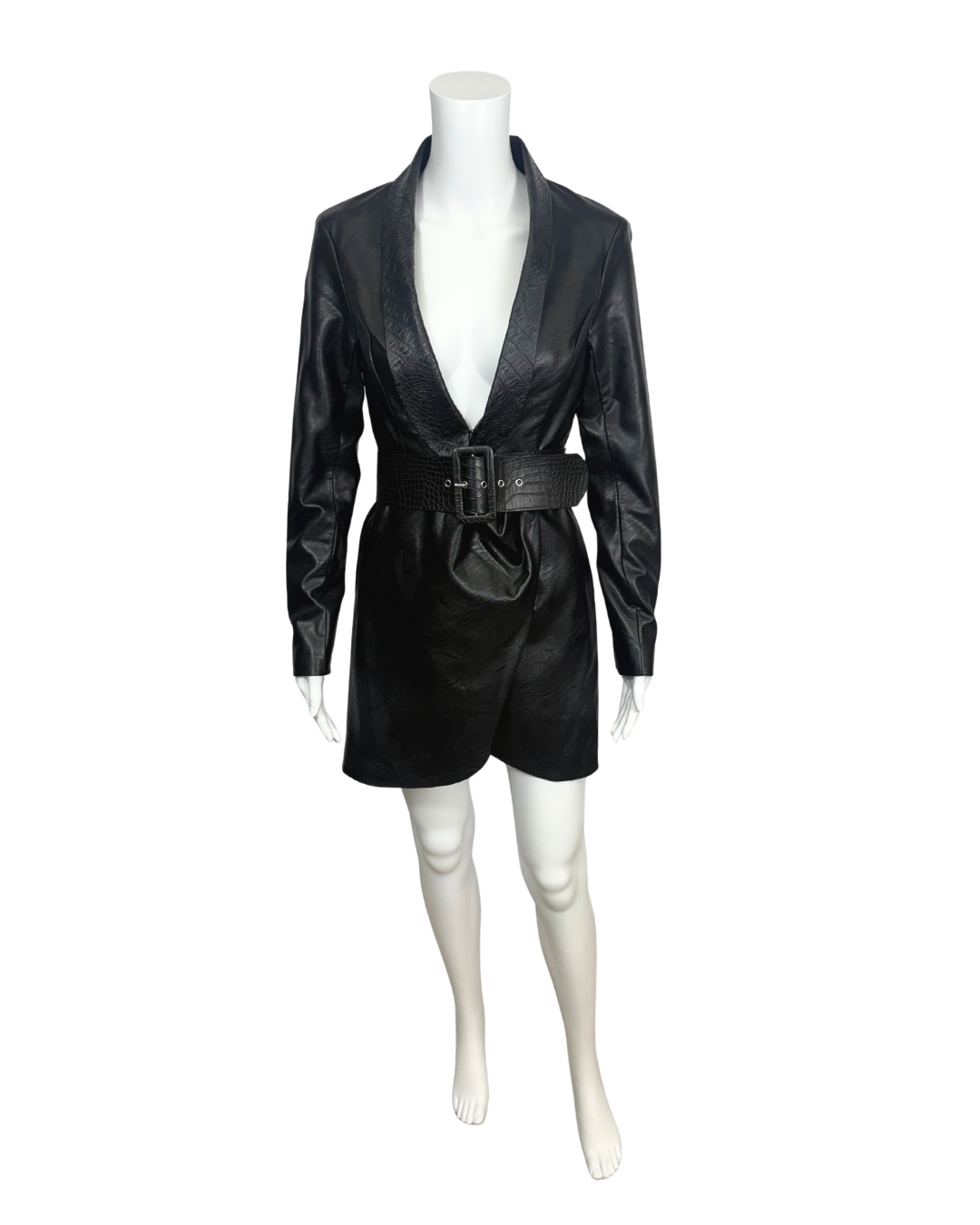 Black Faux Leather Bleted Blazer Dress