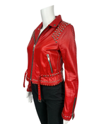 Red Studded Leather Moto Jacket