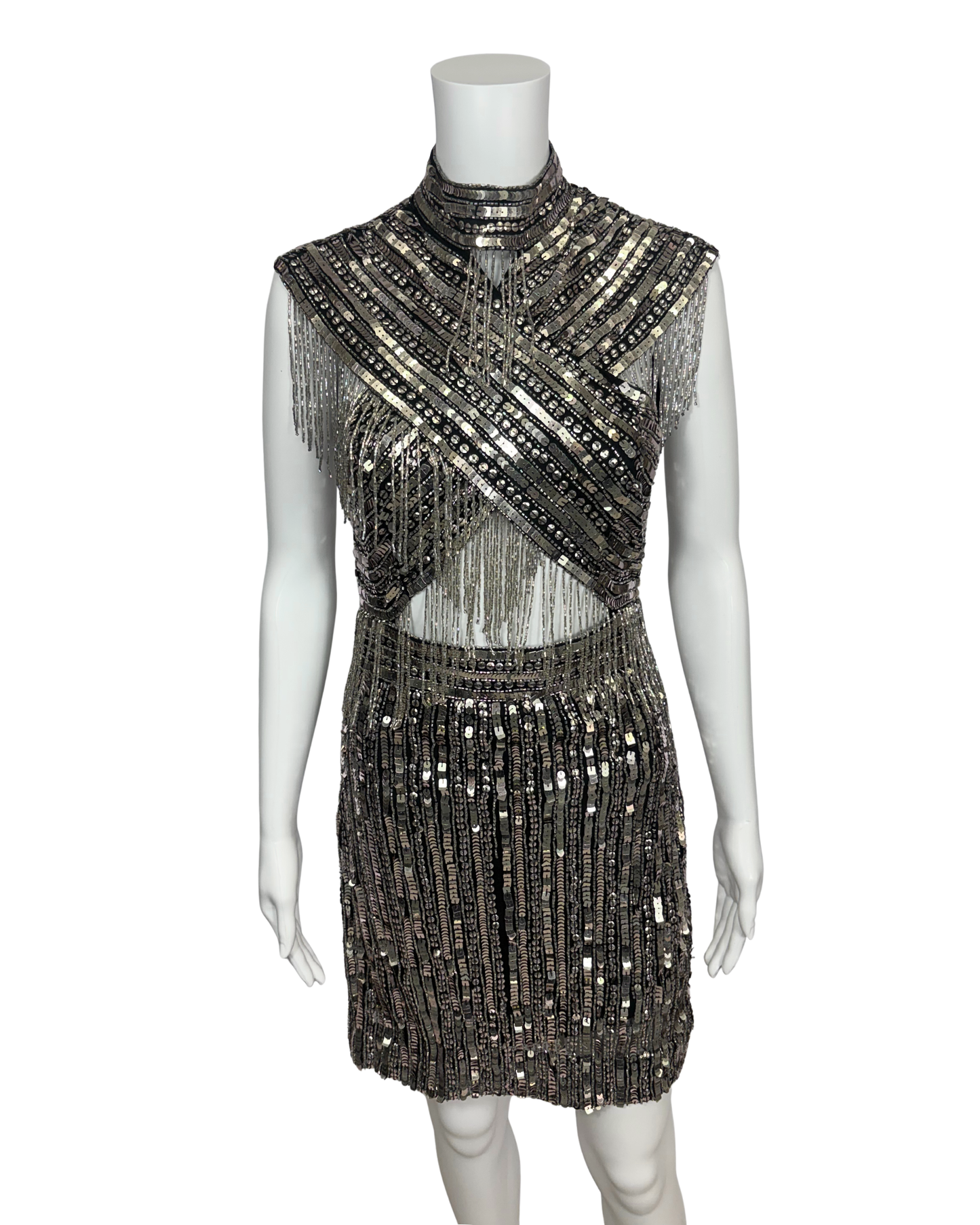 Silver Sequin Embellished Tassel Dress