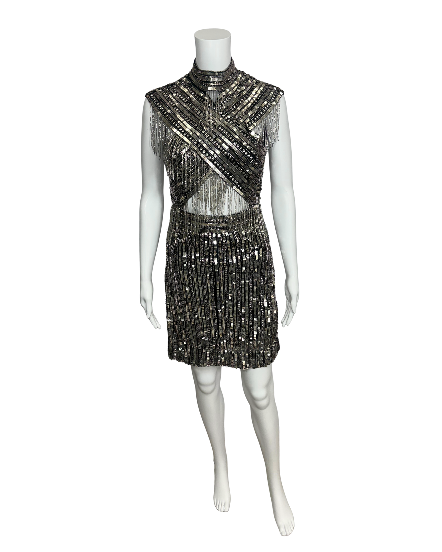 Silver Sequin Embellished Tassel Dress