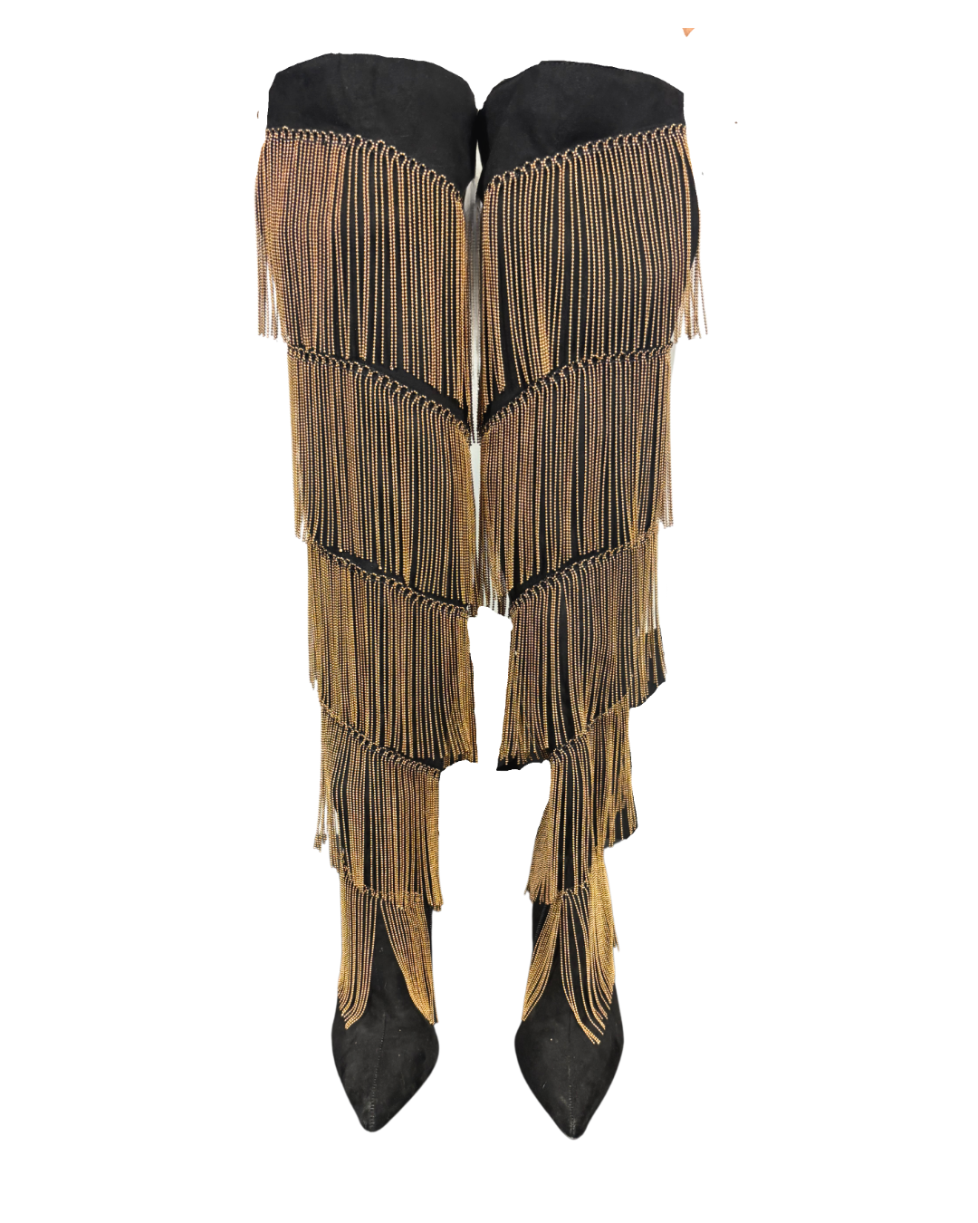Gold Fringe Black Thigh Boots