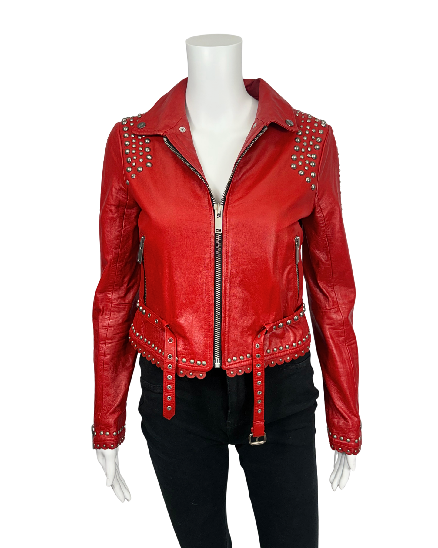 Red Studded Leather Moto Jacket