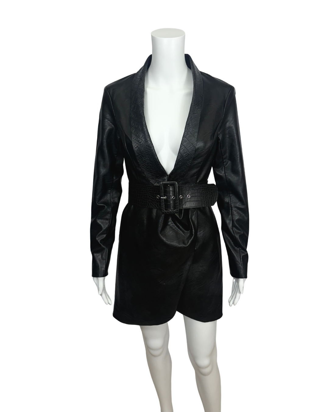Black Faux Leather Bleted Blazer Dress