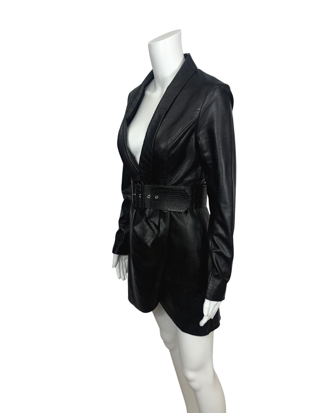 Black Faux Leather Bleted Blazer Dress