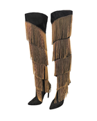 Gold Fringe Black Thigh Boots