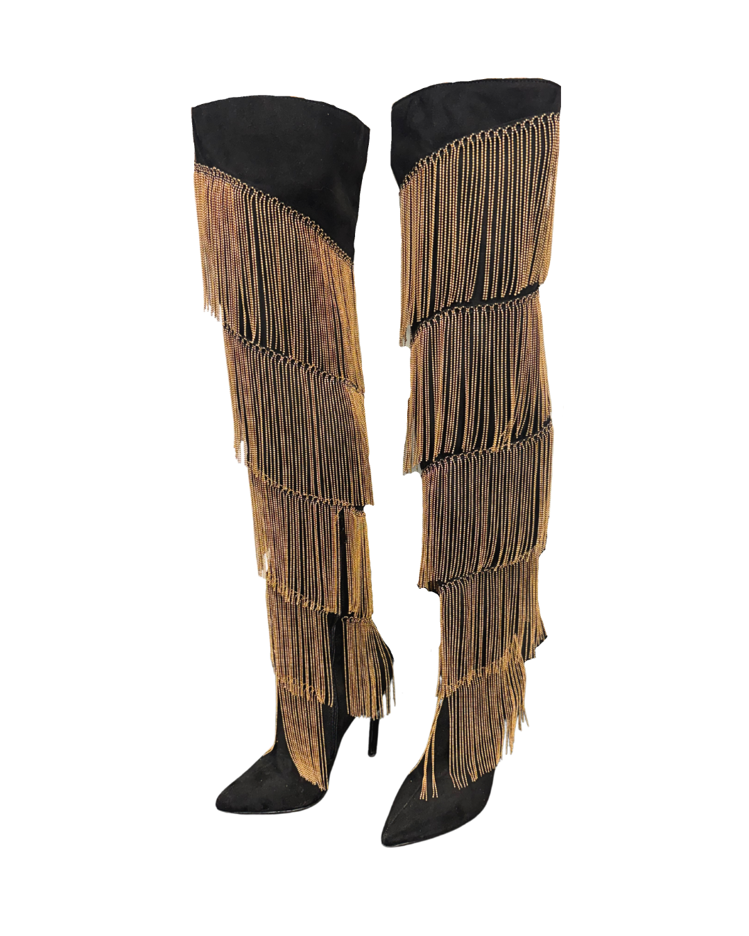 Gold Fringe Black Thigh Boots