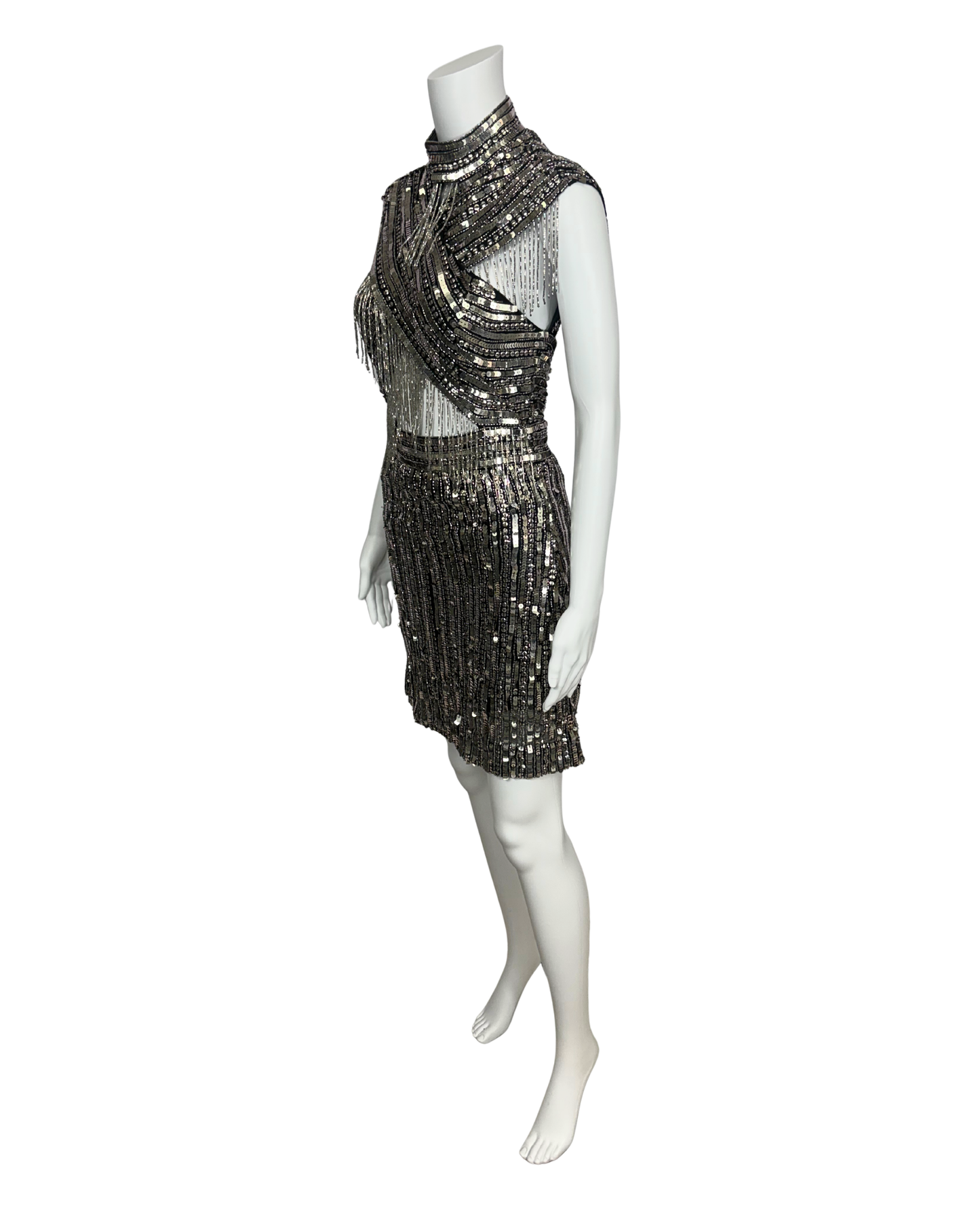 Silver Sequin Embellished Tassel Dress