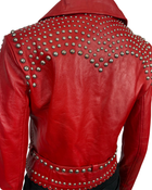 Red Studded Leather Moto Jacket