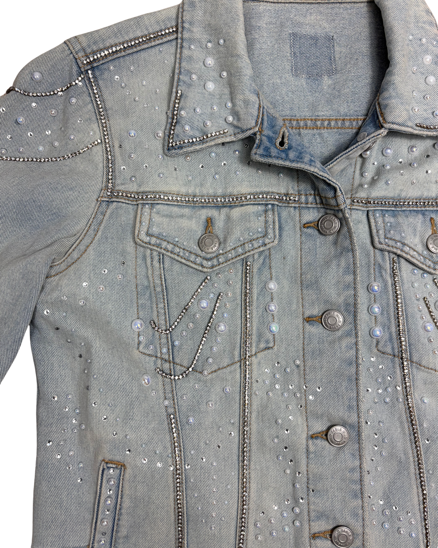 One of One Custom Pearl & Crystal Denim Jacket