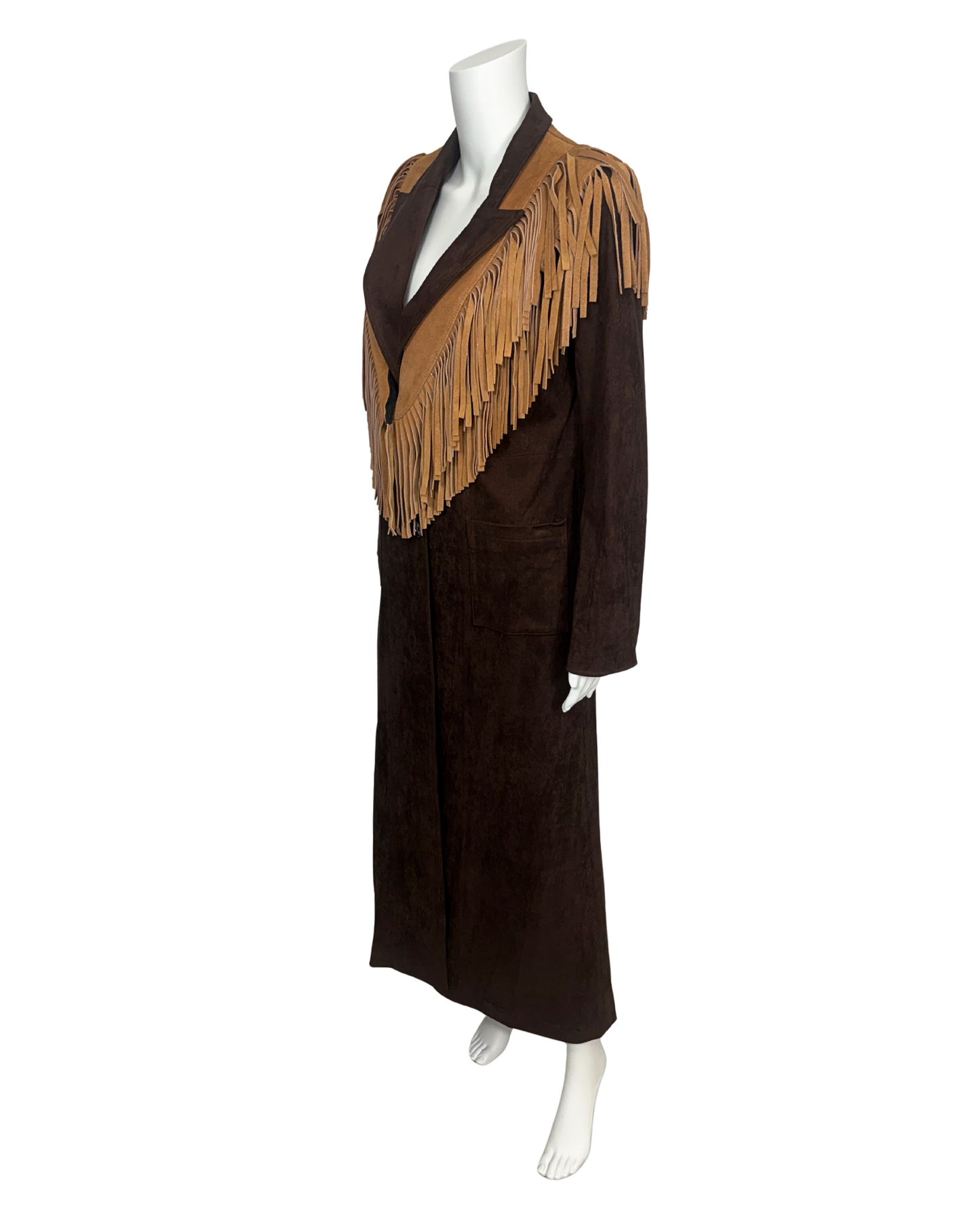 Brown Suede Duster Coat with Suede Fringe Collar