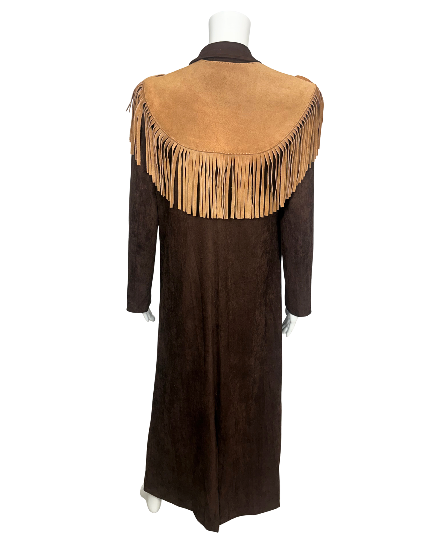 Brown Suede Duster Coat with Suede Fringe Collar